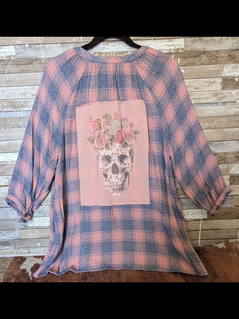 Upcycled Handcrafted Flannel Shirt With Skull And Roses